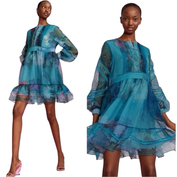 Cynthia Rowley Turquoise Watercolor Lace Dress Sheer Sleeve Spring Party Mini S Cynthia Rowley Turquoise Watercolor Lace Dress Sheer Sleeve Spring Party Mini S